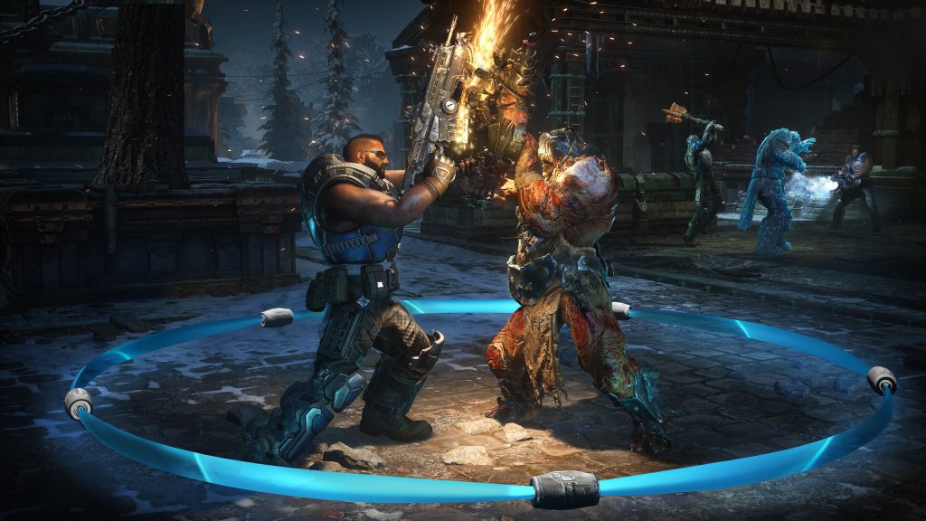 A COG soldier and Swarm Drone are locked in dueling weapon battle in a dark courtyard. Sparks fly off a Lancer chainsaw. Behind, Del has frozen another Swarm Drone. while a COG Soldier runs up behind the frozen enemy to smash him to pieces.