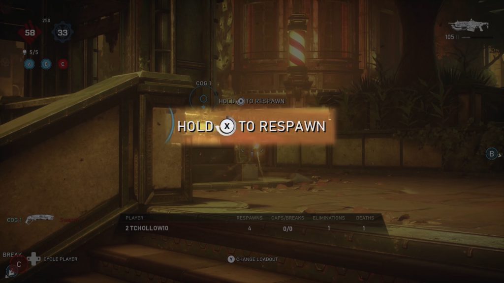 A highlighted part of the game UI shows Hold X to Respawn, with the meter around the X button prompt filling up in a circular fashion.
