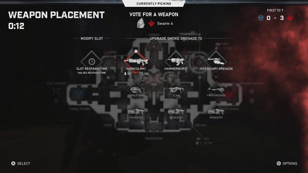 A game UI screen is shown, highlighting potential weapons to pick for the Swarm team