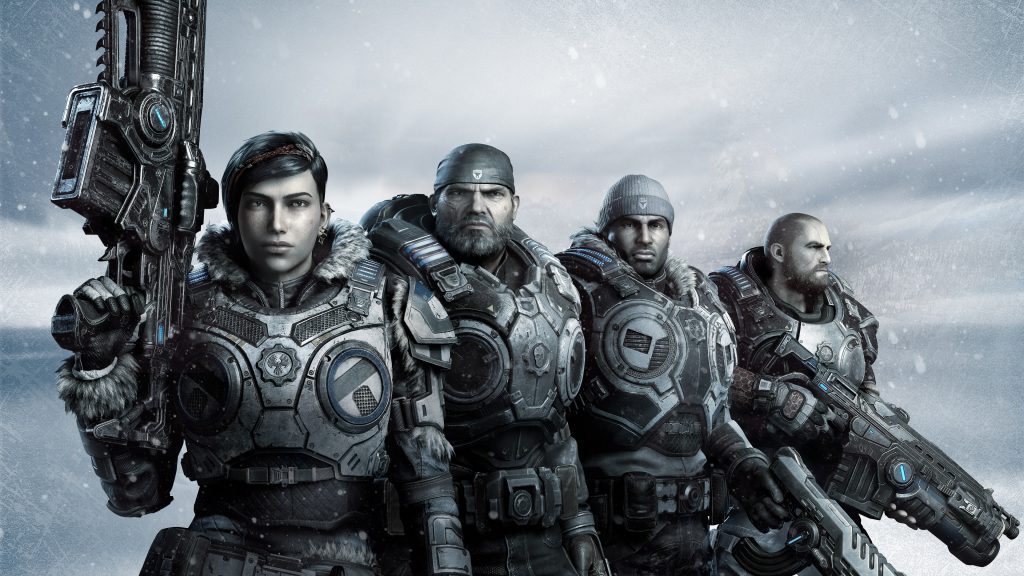 Gears 5 squad. Winter Armored Kait in the front holding the Lancer up over her shoulder. Armored Marcus stands to her left staring forward. Winter Armored Del stands to Marcus’s right holding a pistol. And in the back is Armored JD holding a new Lancer, facing away from the squad.