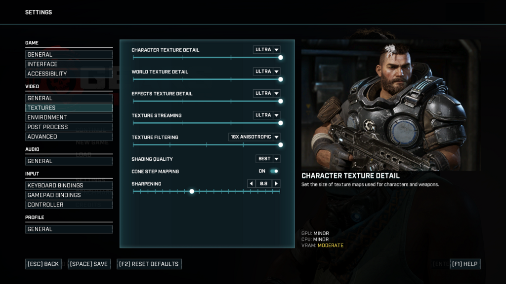 In-game screenshot of the texture settings