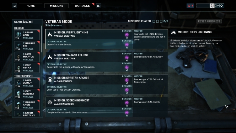 in-game screenshot of Veteran mode menu