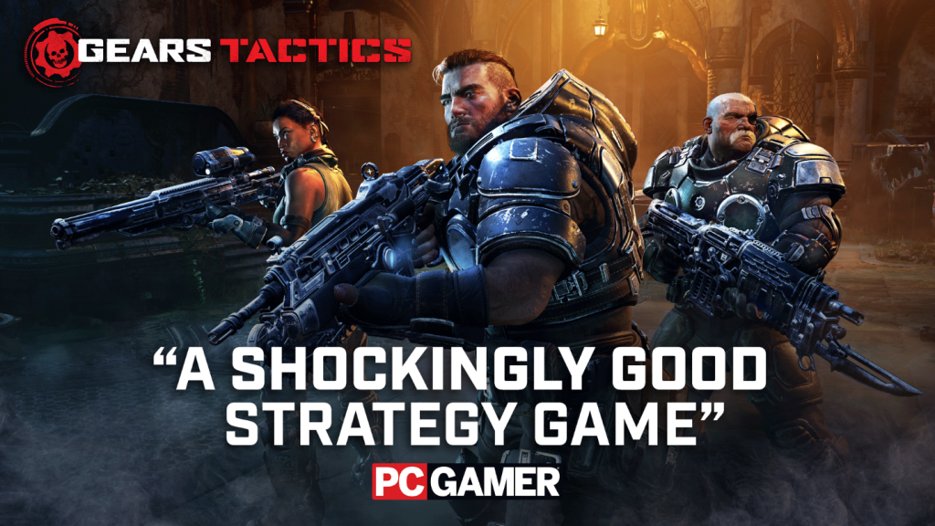 Gears tactics logo and the quote "A shockingly good strategy Game" from PC Gamer are displayed on top of Mikayla, Gabe, and Sid.