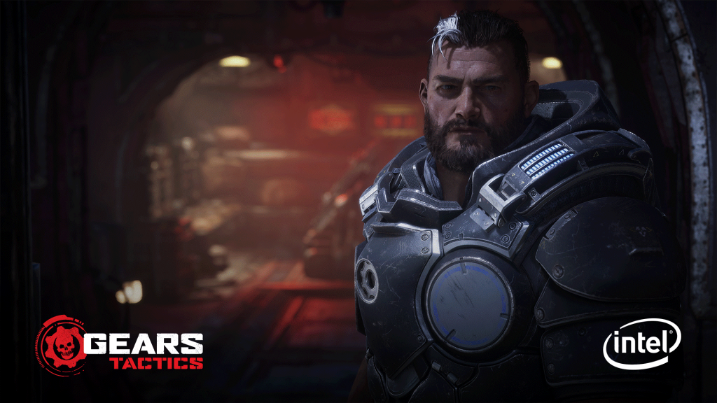 Picture of gabe with gears tactics and Intel logos