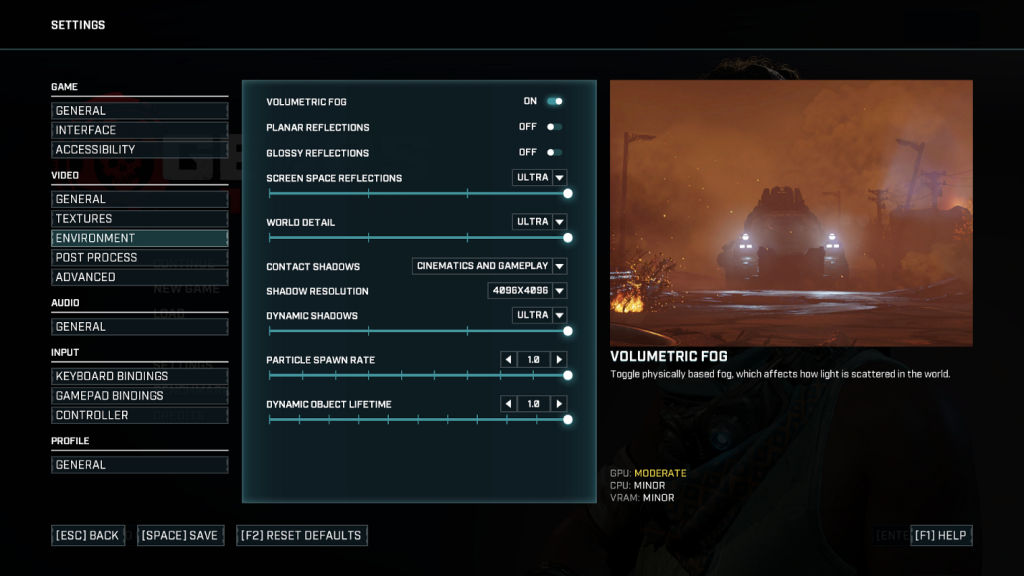 In-game screenshot of the environment settings