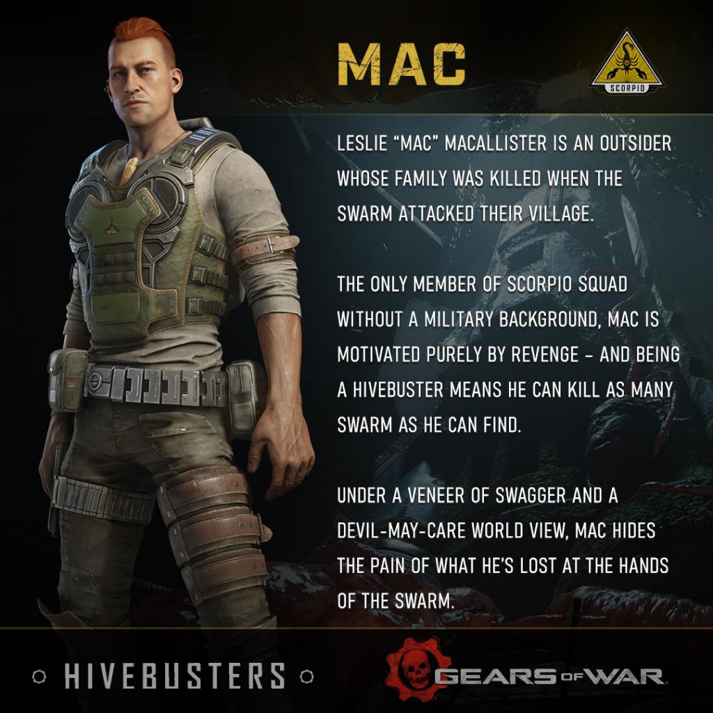 Leslie “Mac” MacAllister is an Outsider whose family was killed when the Swarm attacked their village. The only member of Scorpio Squad without a military background, Mac is motivated purely by revenge – and being a Hivebuster means he can kill as many Swarm as he can find. Under a veneer of swagger and a devil-may-care world view, Mac hides the pain of what he’s lost at the hands of the Swarm. 