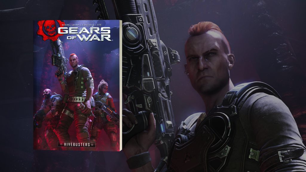 The front cover of the Gears of War Hivebusters Graphic Novel, featuring Mac holding a lancer