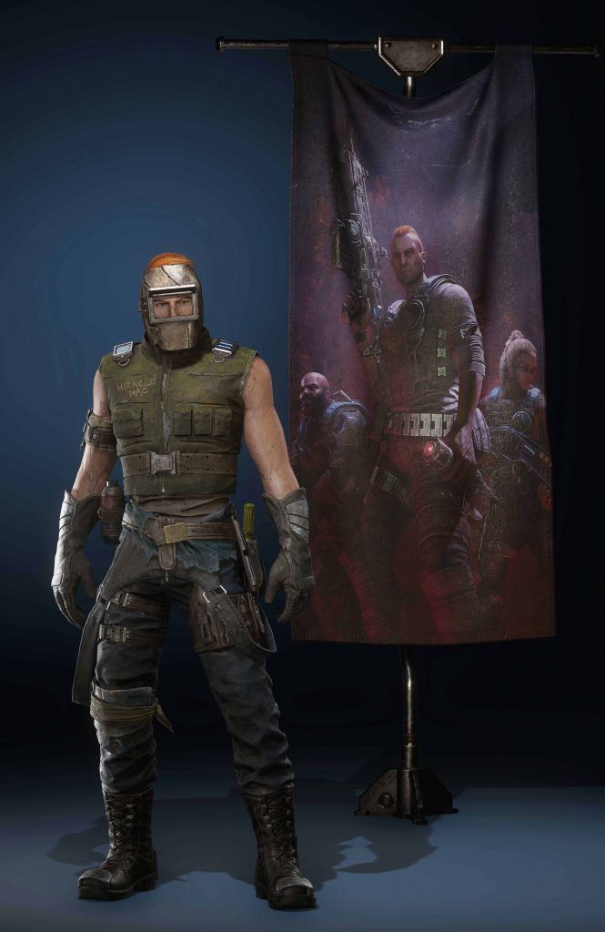 Mechanic Mac skin from Gears 5 with a Hivebusters Banner behind him