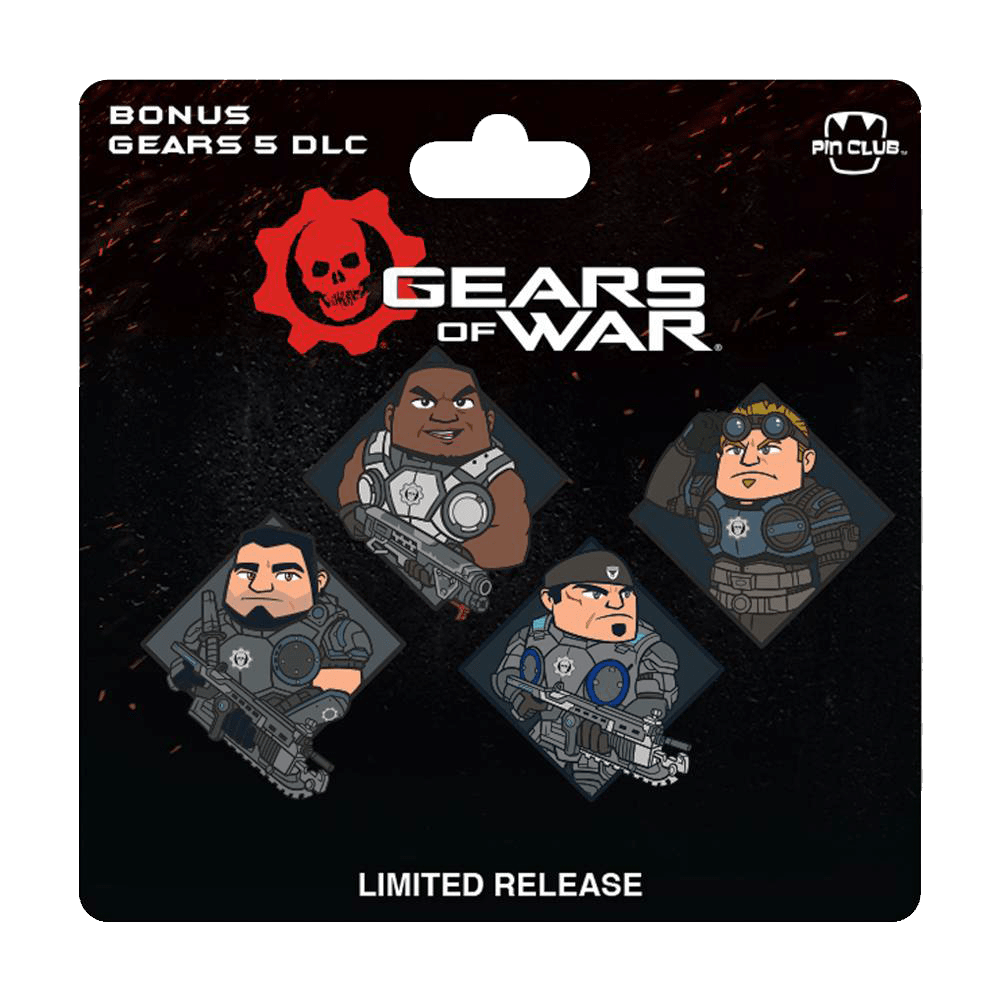 A set of four Gears of War pins featuring members of Delta Squad