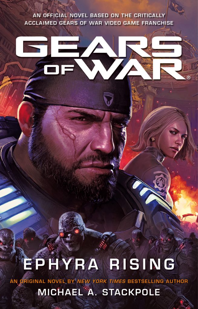 The complete front cover of Gears of War Ephyra Rising novel, featuring a close-up of Marcus Fenix and Anya Stroud