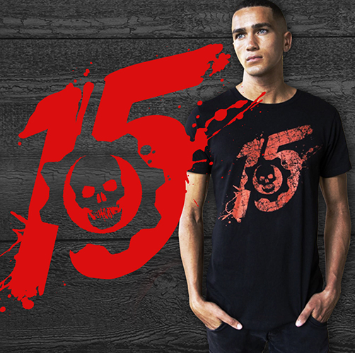 A male model wearing the 15th anniversary distressed t-shirt in black