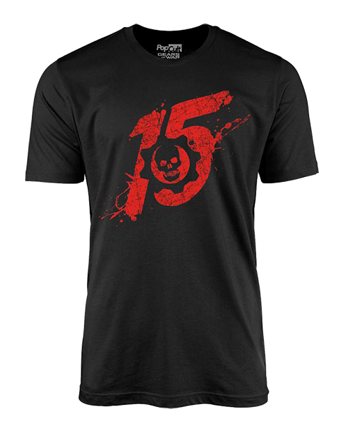 A black t-shirt featuring the 15th Anniversary Gears logo