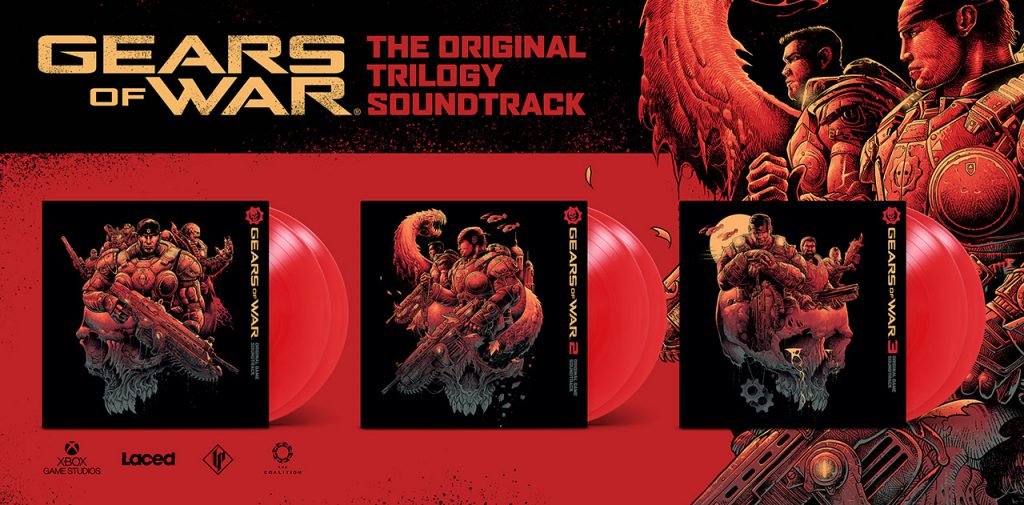 An ad for the Gears of War original Trilogy Soundtrack vinyl collection featuring art for the games