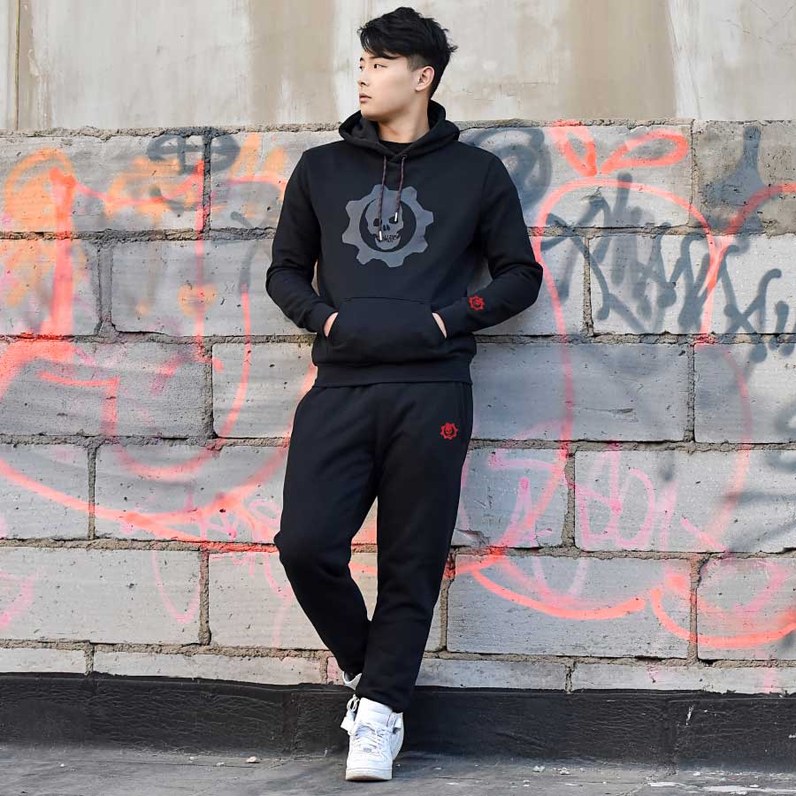 Black hoodie with Gears of War Omen on the front