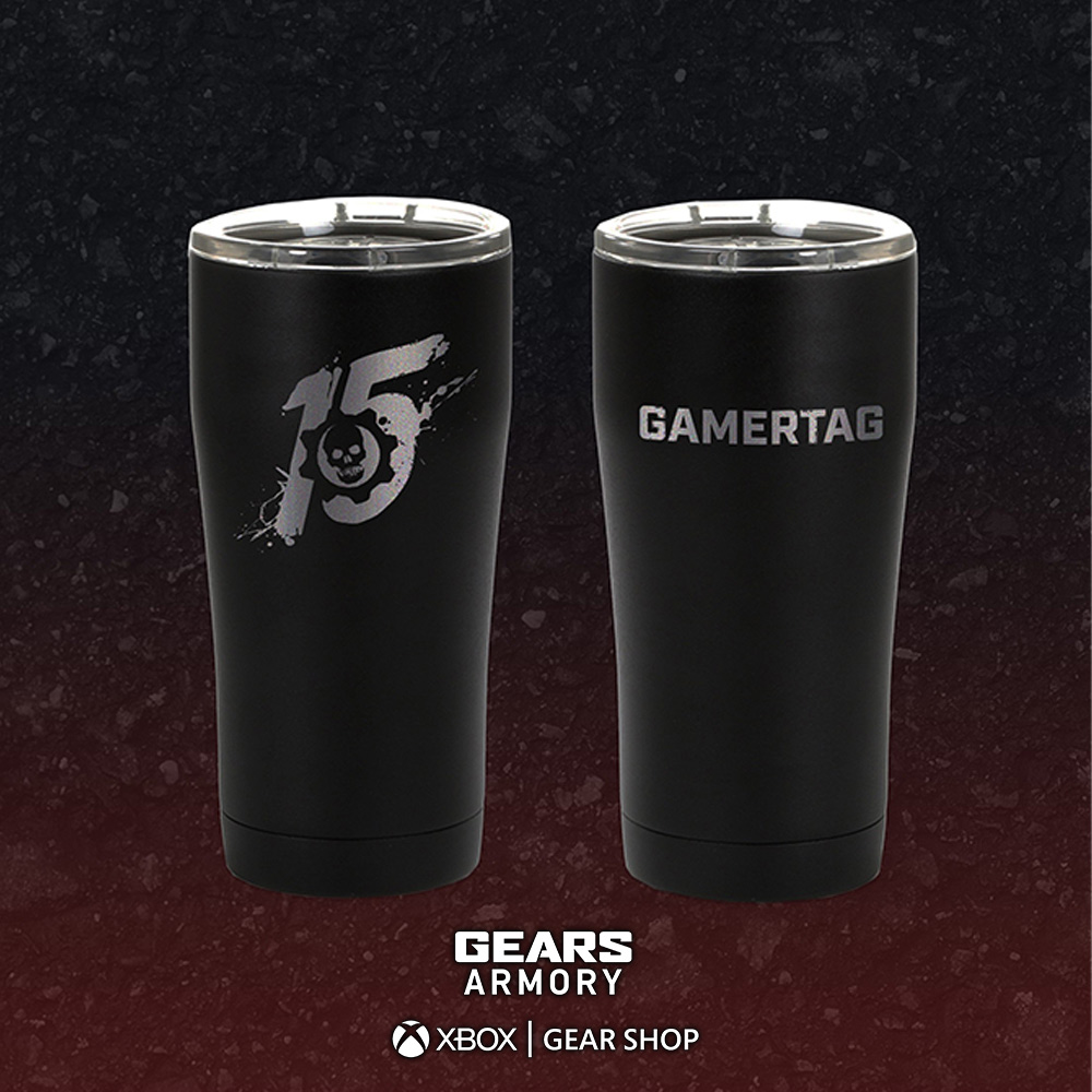 Black tumbler with 15 anniversary logo etched in. Users gamertag is etched onto the tumbler.