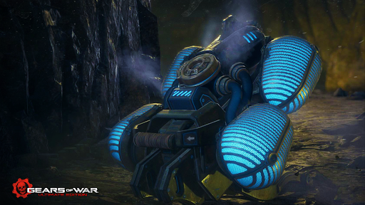 The Sonic Resonator from Gears of War, blue lights and steam can be seen coming from the resonator.