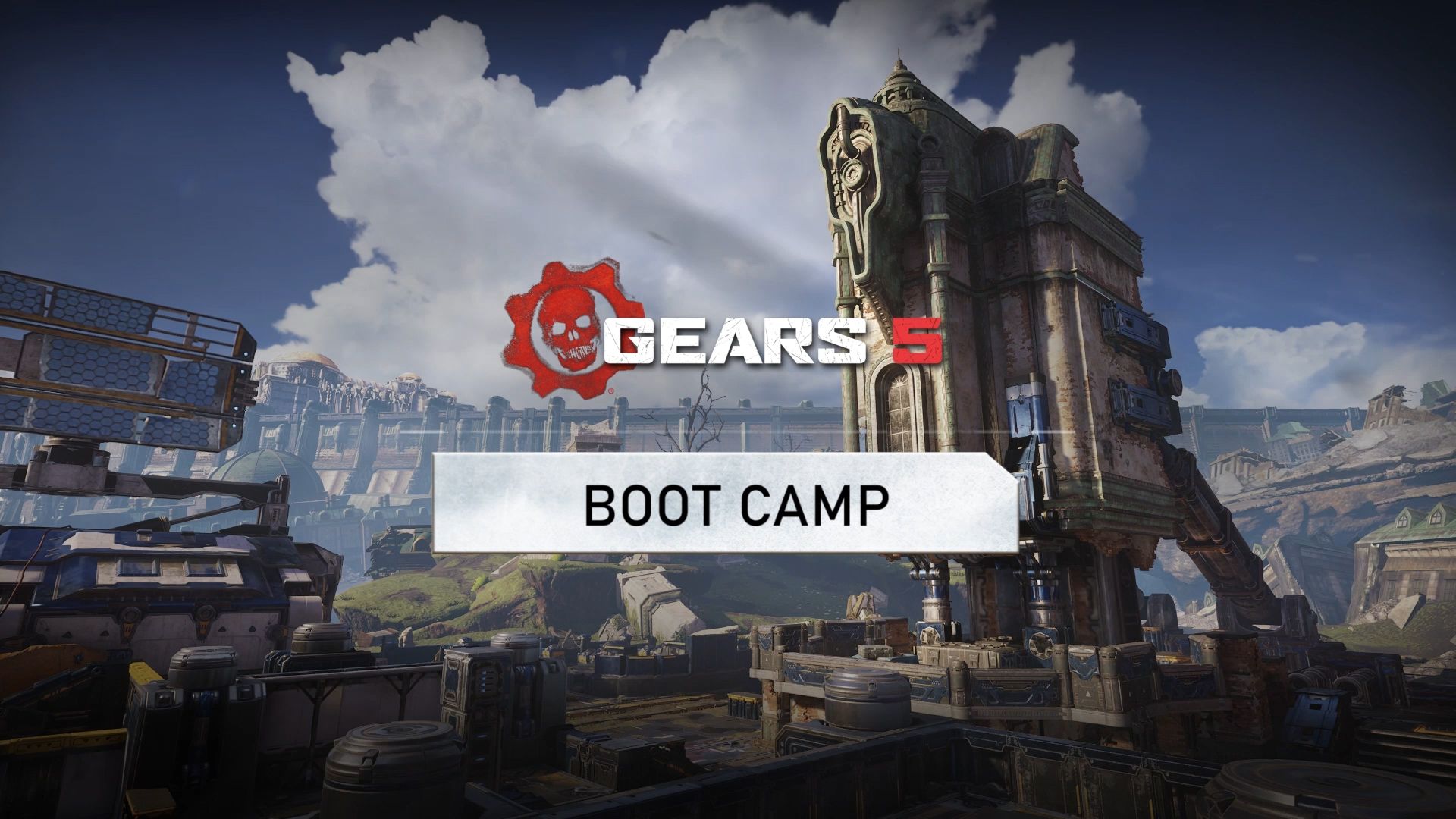 Gears 5 logo and boot camp subhead with bootcamp map in the background.